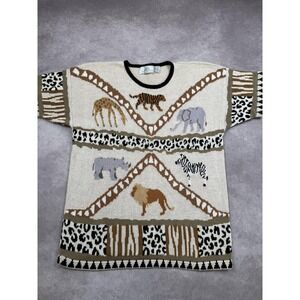 Vintage Design Options Sweater Womens Large Beige Safari Animal Intarsia‎ Knit